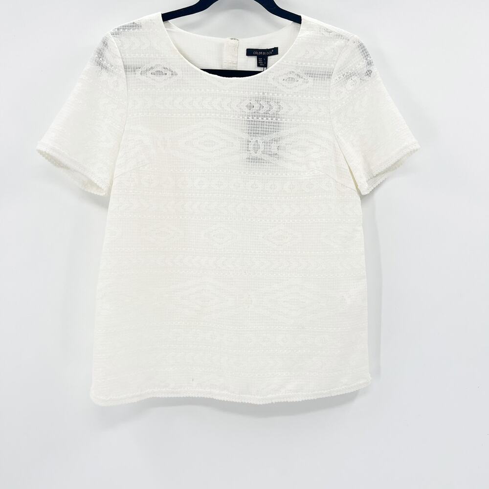 NWT Color Block Women's White Short Sleeve‎ Semi Sheer Blouse Top Size M